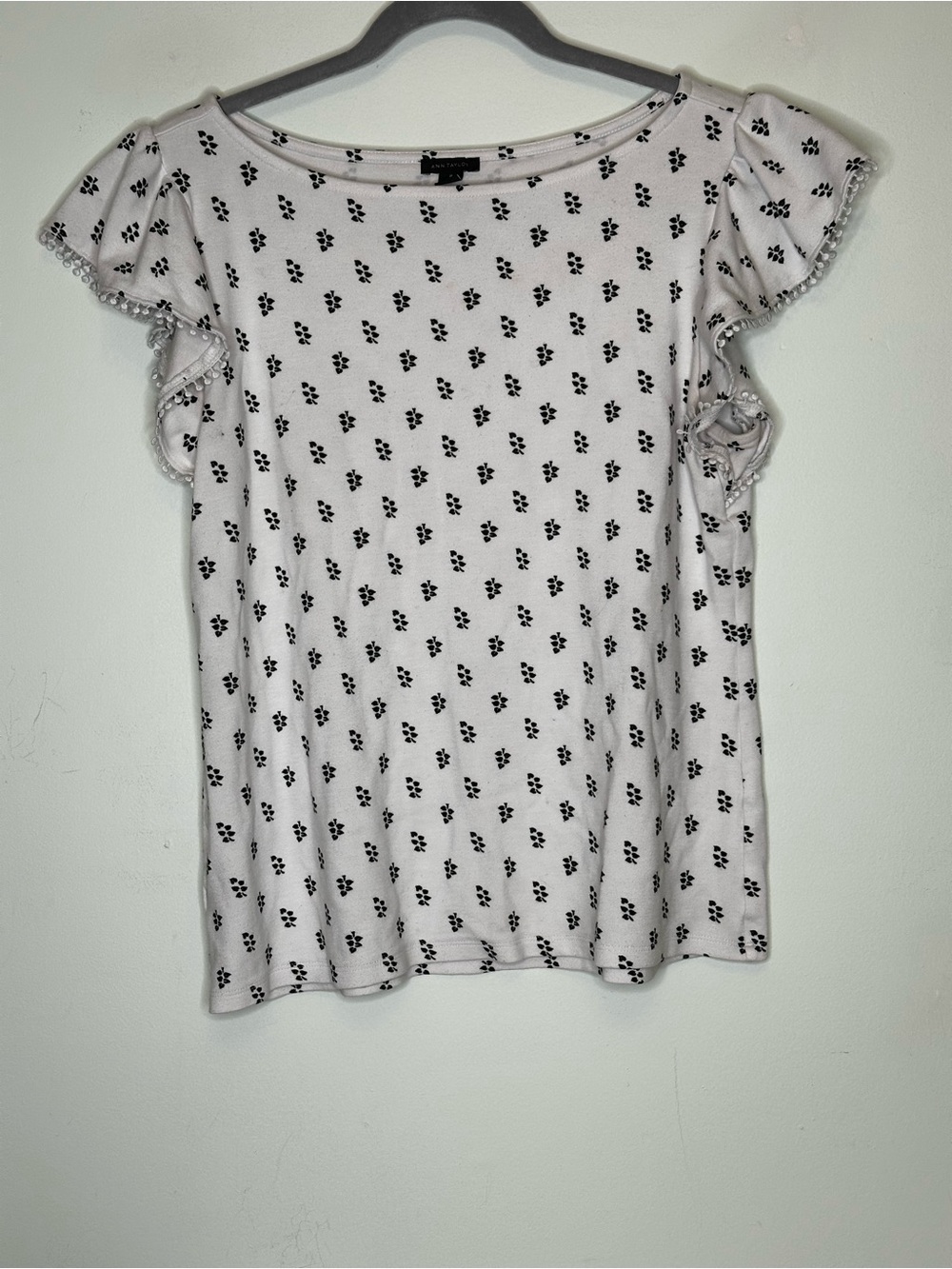 Ann Taylor Light Pink Flutter Sleeve Tee with Black Dot Print